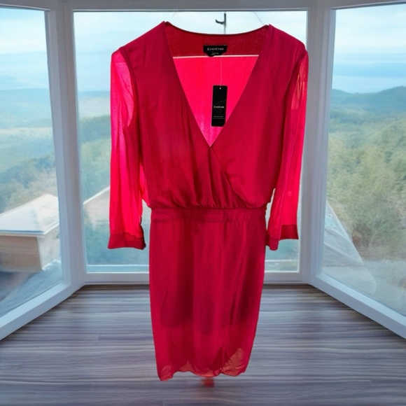 NWT Bebe Womens Raspberry Pink Chiffon Faux Wrap Midi Dress 3/4 Sleeve Size 4 - Picture 3 of 16